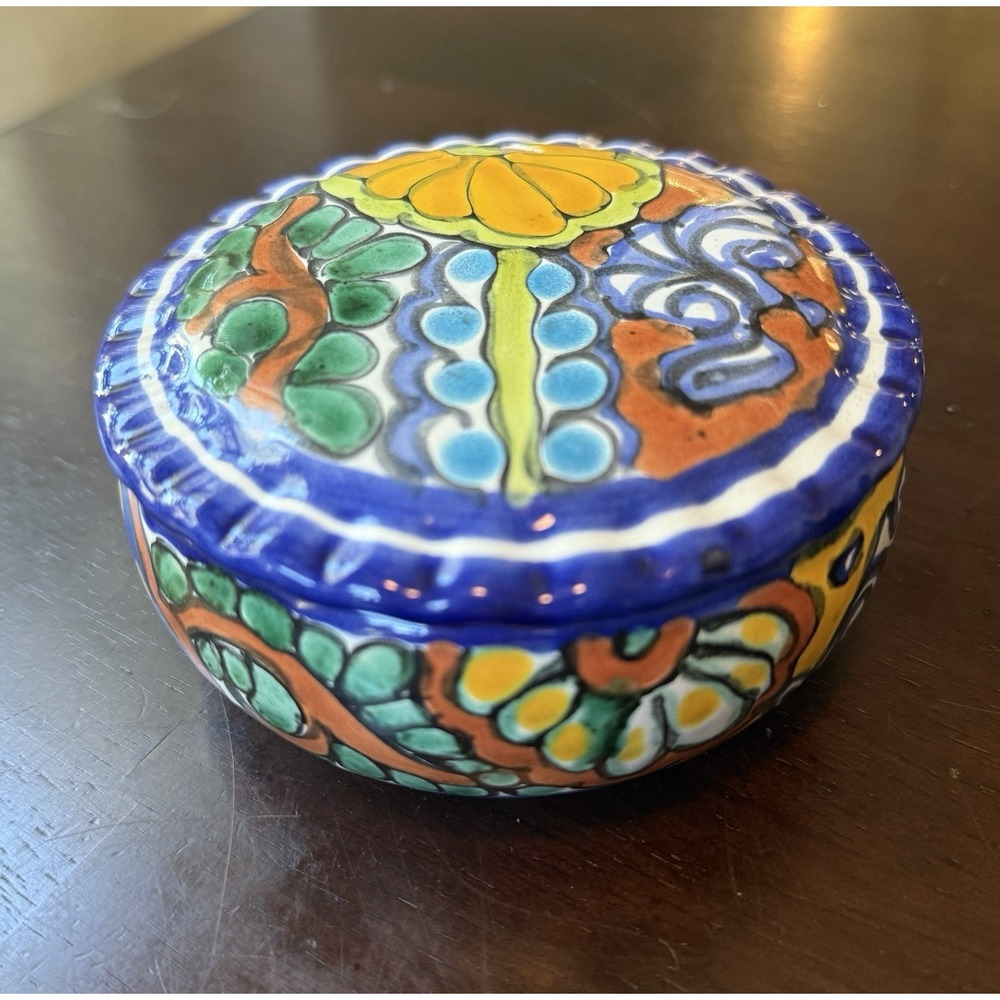 Talavera Mexican Art Pottery Lidded Ceramic Round Jewelry Trinket Box Floral 5"